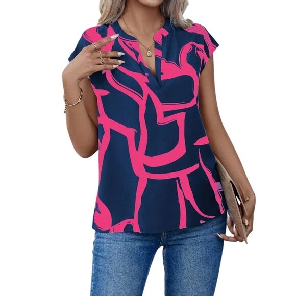 Unbranded Tops - NWT Lovely Navy + Bright Fuchsia V-Neck Short Sleeve Blouse Sizes M, L, XL